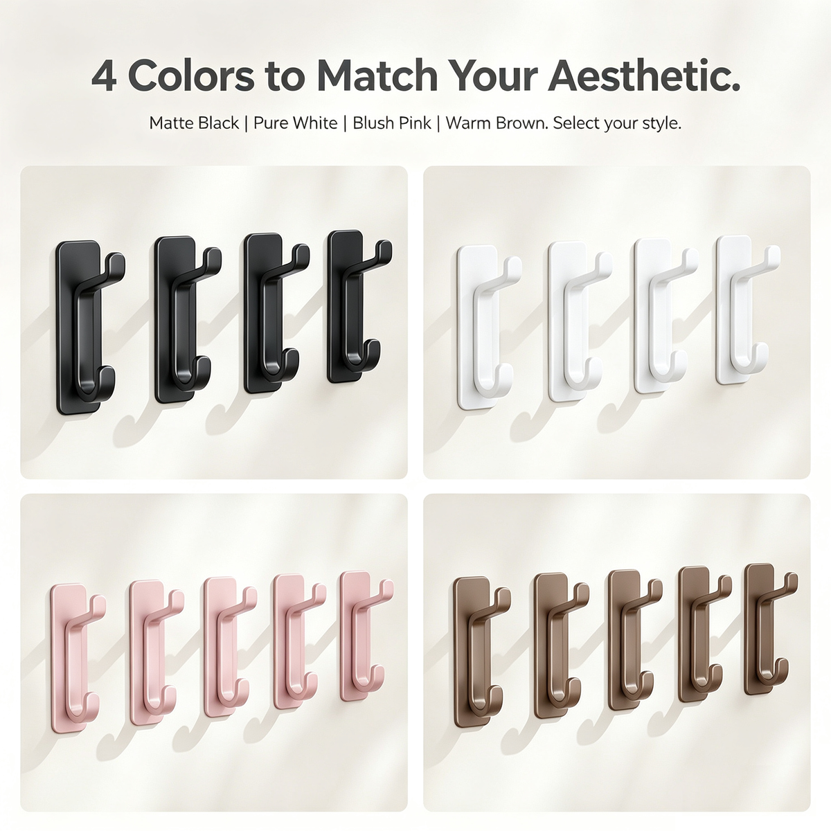 Stainless Steel Adhesive Hooks, 4-Pack, 13 lb Max Load